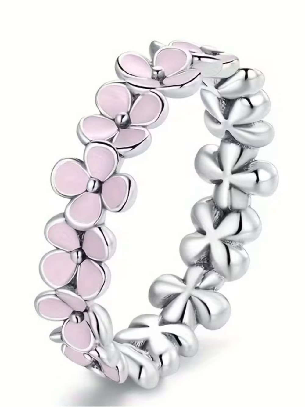 🌸 Pink Floral Enamel Eternity Band Ring Silver-Tone